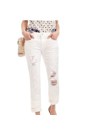 J.Crew Cropped Vintage Straight Ivory Jeans Ripped/Distressed Stretchy Sz 27